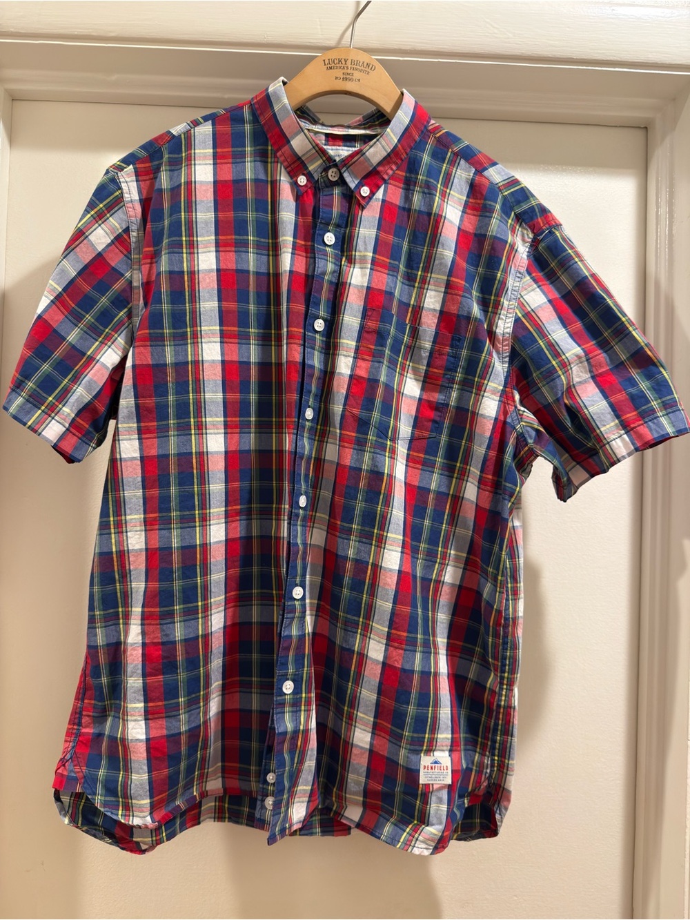 Penfield Red, Blue & White Plaid Short-Sleeve Button-Down Summer Shirt